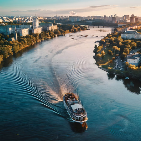 Aerial view of a river cruise at sunset with a cityscape background.の写真素材