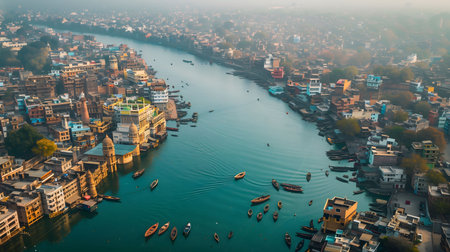 Stunning aerial shot of Varanasi, India. The Ganges River flows through the city with many boats and ghats.の写真素材