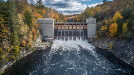 Stunning aerial view of a hydroelectric dam in autumn. The vibrant fall foliage contrasts beautifully with the concrete structure and rushing water.の写真素材