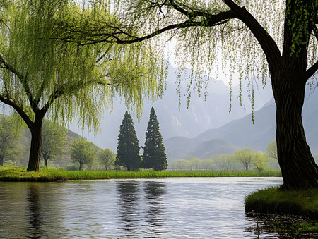 A tranquil lake scene nestled amidst weeping willows and mountains. The image evokes a sense of calm...