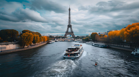 A Parisian river cruise passes under the Eiffel Tower on an autumn day.の写真素材