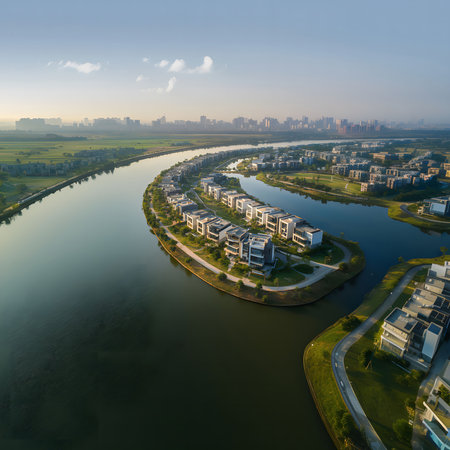 Stunning aerial view of a modern waterfront community at sunrise. Houses line a picturesque river bend.の写真素材
