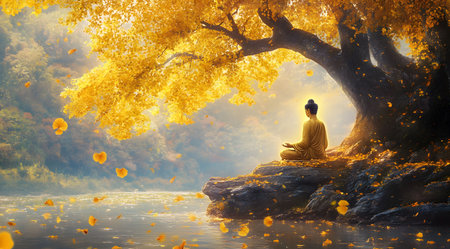 A serene image of Buddha meditating under a golden tree by a tranquil river. Autumn leaves gently fall around him.の写真素材