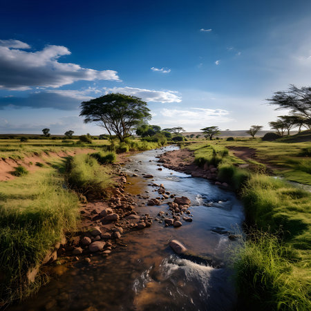 A tranquil river flows through an African savanna under a vibrant blue sky. Lush green grass lines the riverbanks, and trees dot the landscape.の写真素材