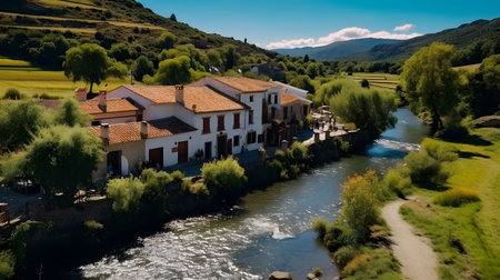 Serene river flowing through a charming Spanish village nestled in lush mountains. A breathtaking view.の写真素材