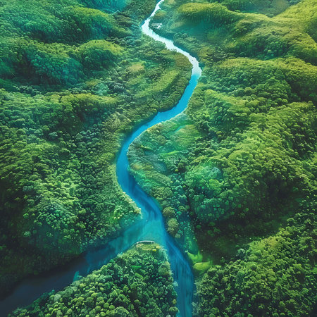 A stunning aerial shot of a river flowing through a vibrant green forest. The image showcases the beauty of nature.の写真素材