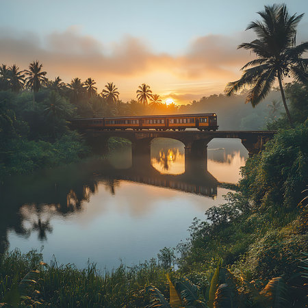 A train crosses a bridge over a calm river at sunrise, surrounded by lush tropical vegetation.の写真素材