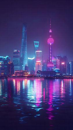 Stunning nighttime view of Shanghai's illuminated skyline reflected in the tranquil waters.の写真素材