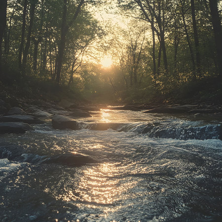 A serene sunset scene featuring a flowing stream through a lush forest. Golden sunlight reflects on the water's surface creating a magical atmosphere.の写真素材