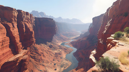 Stunning view of a river winding through a deep canyon. The red rock formations are majestic.