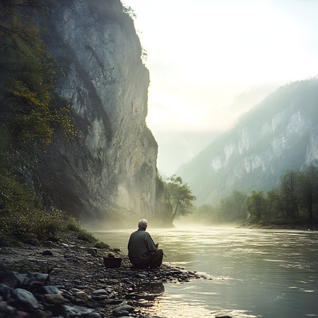 A lone man sits by a tranquil river, surrounded by majestic mountains and a misty atmosphere, conveying peace and serenity.の写真素材
