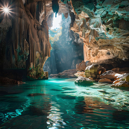 Sunbeams penetrate a hidden underwater cave, illuminating the crystalline water and revealing stunning rock formations.の写真素材