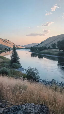 Peaceful river scene at sunset, nestled in a valley between hills. Serene and beautiful nature photography.の写真素材