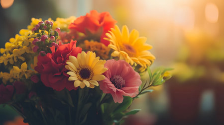 Close-up of a vibrant flower bouquet bathed in warm sunlight. A beautiful arrangement of colorful blooms.の写真素材