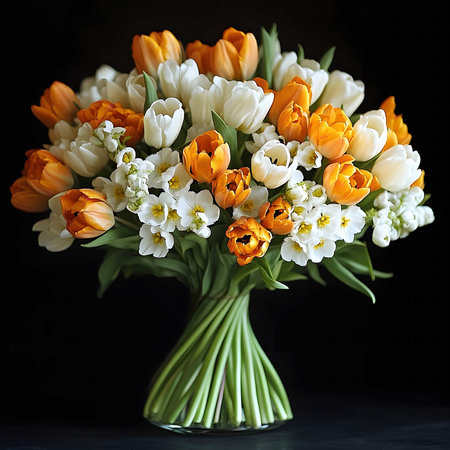 A stunning bouquet of white and orange tulips accented with delicate daffodils, elegantly arranged in a clear glass vase.の写真素材