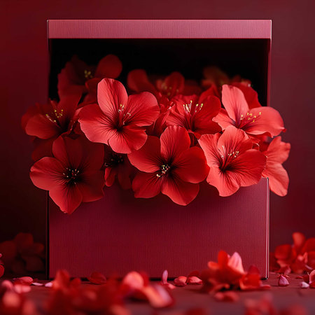 Stunning red hibiscus flowers arranged in a crimson gift box. A romantic and elegant image.の写真素材