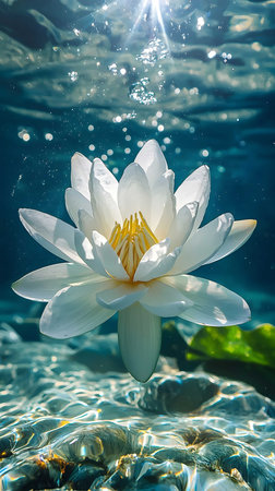 A pristine white water lily, elegantly submerged, basks in underwater sunlight. Bubbles ascend, enhancing the serene aquatic scene.の写真素材