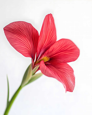 Close-up of a single red flower with intricate details, against a white backdrop. A perfect botanical study.の写真素材