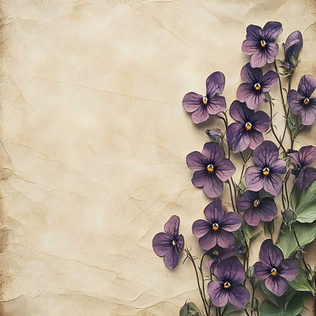 A cluster of purple pansies arranged on an aged parchment paper background. The image evokes a...
