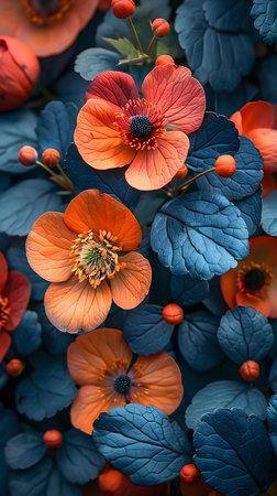 Close-up of vibrant orange flowers with deep blue leaves. A stunning display of color and texture.の写真素材