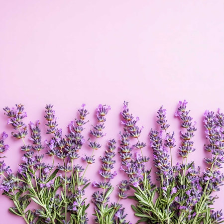 A vibrant image of lavender flowers arranged on a pink background. It conveys serenity and peace.