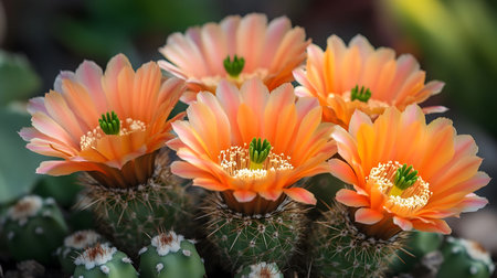 Close-up of vibrant orange cactus flowers in full bloom. Beautiful desert flora in vivid colors.の写真素材