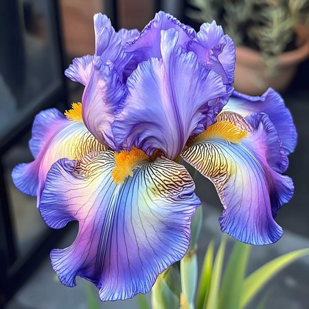 Close-up of a stunning purple and yellow iris in full bloom. The intricate details of the petals are...