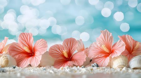 Pink hibiscus flowers and seashells on a sandy beach, with a blurred ocean background. Evokes summer serenity.の写真素材