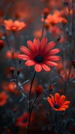 Close-up shot of a vibrant red flower, surrounded by others, in a dark garden setting. The colors are intense and the detail is sharp.の写真素材