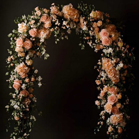A stunning archway crafted from peach roses, lush greenery, and delicate blossoms. Perfect for weddings or special events.の写真素材