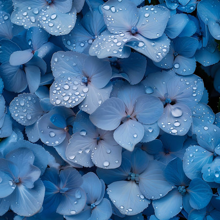 A captivating close-up of blue hydrangeas adorned with morning dew. The image exudes serenity.の写真素材