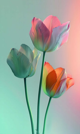 Three pastel tulips in soft pink, orange, and green hues against a delicate background. A...