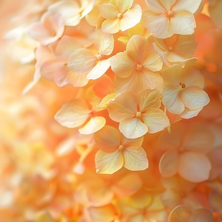 Close-up of delicate peach hydrangeas, bathed in soft sunlight. A tranquil and serene image of nature's beauty.の写真素材