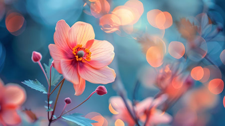 A single pink flower, in full bloom, captured in a soft, dreamy garden setting. The bokeh effect enhances the image's ethereal quality.の写真素材