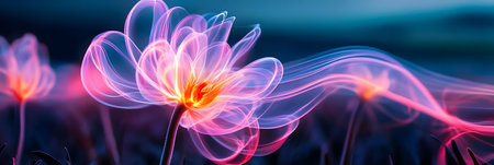 Glowing ethereal flowers in a field at night. Dreamy and magical scene.