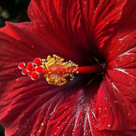 A breathtaking macro shot of a vibrant crimson hibiscus flower. The intricate details of the petals and stamen are showcased beautifully.の写真素材