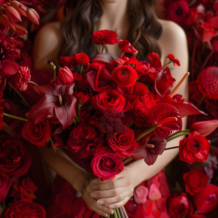 Close-up of a woman gently holding a stunning bouquet of deep red flowers. The image evokes feelings of romance and elegance.の写真素材