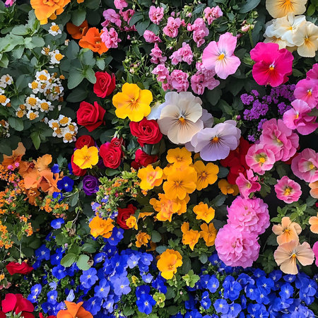 A breathtaking view of a garden bursting with colorful flowers in full bloom. Roses, pansies, and...