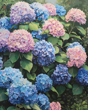 Vibrant hydrangeas in shades of pink, blue, and purple fill a lush garden. A captivating display of...