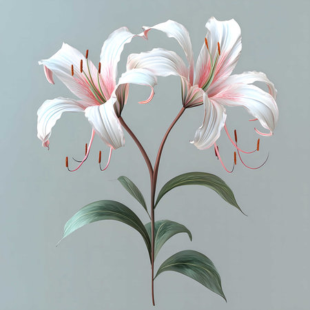 Two pristine lilies, showing their delicate petals and vibrant colors, create a captivating botanical image. The gentle light highlights the beauty of nature.の写真素材