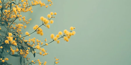 Delicate yellow mimosa blossoms against a soft green background. A serene and peaceful image.