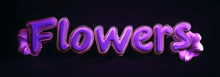 3D rendered purple flowers text with glossy petals. A vibrant and stylish design.の写真素材