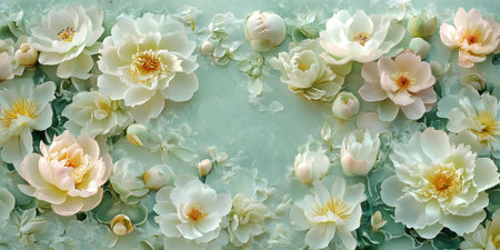 Pastel peonies in full bloom, creating a serene and elegant floral arrangement. Soft lighting...