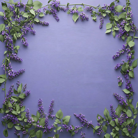 Purple lavender flowers arranged in a frame on a purple background. Serene and elegant floral...