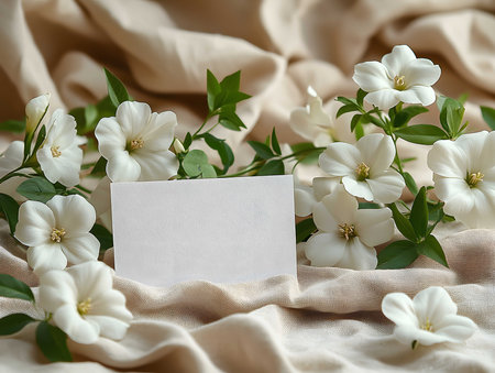 Close-up of white flowers with a blank card on a beige fabric background.の写真素材