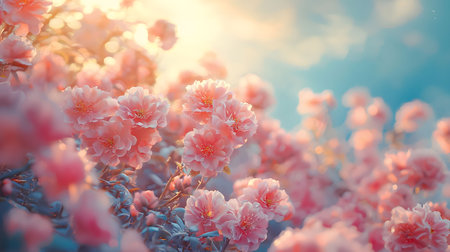 Pink flowers in sunset. Beautiful and serene nature scene. Soft pastel colors.の写真素材