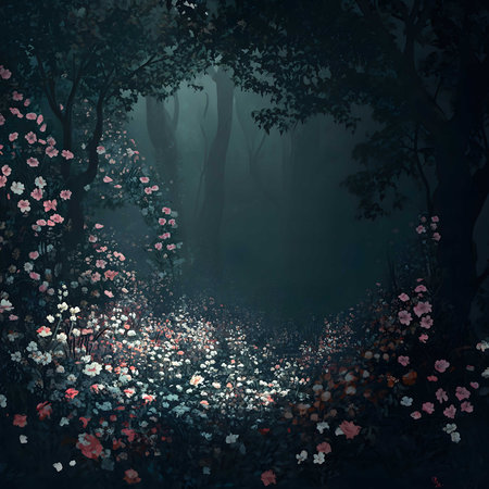 A digital painting of a magical forest path, blooming with pink and white flowers, shrouded in a mystical fog.の写真素材