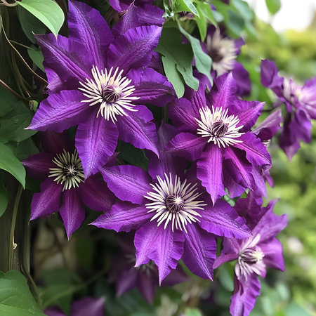 Close-up of several vibrant purple clematis flowers in full bloom, surrounded by lush green foliage.の写真素材
