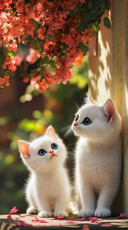 Two charming white kittens with bright blue eyes sit under a flowering plant. Sunlight illuminates...