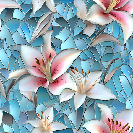 A beautiful mosaic of lilies, vibrant and detailed. Stained glass style floral artの写真素材